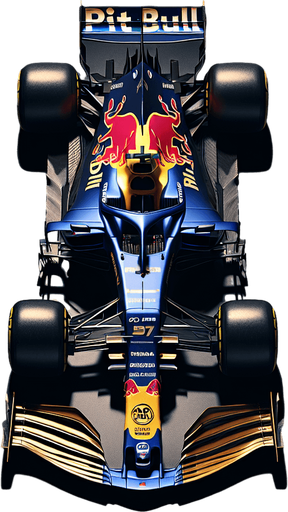 F1 Toro Rosso race car. 
ROYAL BLUE BODY WITH golden " PIT BULL"  TEXT. Red rear wing. Golden front wing. Top view..
Single Game Texture. In-Game asset. 2d. Blank background. High contrast. No shadows.