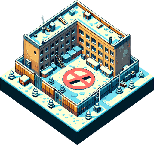 overhead view of drab house with giant prohibition symbol snowy lawn video game asset 2d blank background Single Game Texture. In-Game asset. 2d. Blank background. High contrast. No shadows.
