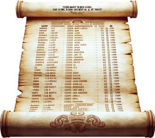 There is the text: "there are many ways zo beat a highscore, but can you also beat all in once?" On a pergament with many highscores called good, bad, max, min and diff.