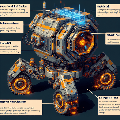 A rugged autonomous mining unit with:

Core: Rotating hexagonal chassis with visible piston-driven gears

Propulsion: Four anti-gravity thrusters glowing orange (Tier 1) → plasma-blue (Tier 3)

Tools: Dual-mounted laser drills + magnetic ore claws

Armor: Scratched titanium plating with hazard stripes

Interface: Holographic mineral scanner (projects blue grid lines)

Unique Feature: Emergency repair arms that spark when damaged.
Single Game Texture.  In-Game asset.  2d.  Blank background.  High contrast.  No shadows