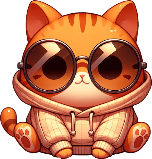 The character in the image is a cartoon-style, orange tabby cat with noticeable stripes. It has a round face, wearing a pair of oversized, round, dark opaque sunglasses. The cat's body is smaller in comparison to its head, giving it a cute, chubby appearance. It's wearing a simple, light-colored hoodie with a drawstring. The cat sits with its paws visible in front, showing a relaxed posture. The overall style is playful and whimsical, perfect for a casual mascot or a character in a children's book..
Single Game Texture. In-Game asset. 2d. Blank background. High contrast. No shadows.