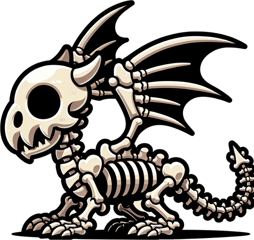 Скелет дракона. Мультяшный.
Single Game Texture.  In-Game asset.  2d.  Blank background.  High contrast.  No shadows