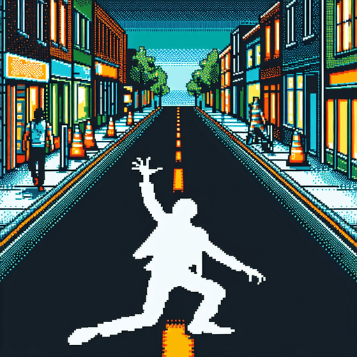 border of a silouete of a victim in white chalk on a road, arm up.
video game style