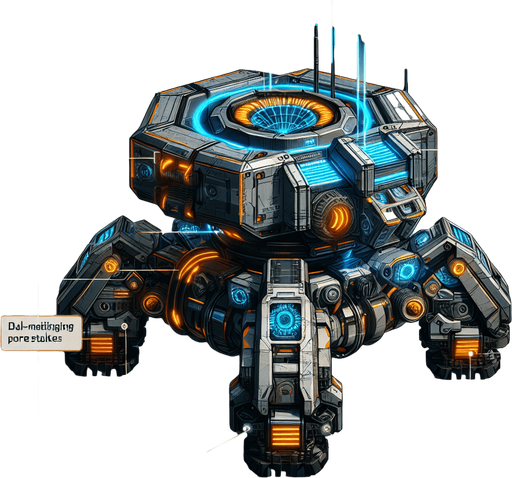 A rugged autonomous mining unit with:

Core: Rotating hexagonal chassis with visible piston-driven gears

Propulsion: Four anti-gravity thrusters glowing orange (Tier 1) → plasma-blue (Tier 3)

Tools: Dual-mounted laser drills + magnetic ore claws

Armor: Scratched titanium plating with hazard stripes

Interface: Holographic mineral scanner (projects blue grid lines)

Unique Feature: Emergency repair arms that spark when damaged.
Single Game Texture.  In-Game asset.  2d.  Blank background.  High contrast.  No shadows
