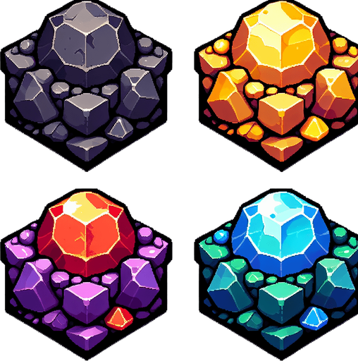 Four ore elements.
Single Game Texture. In-Game asset. 2d. Blank background. High contrast. No shadows.