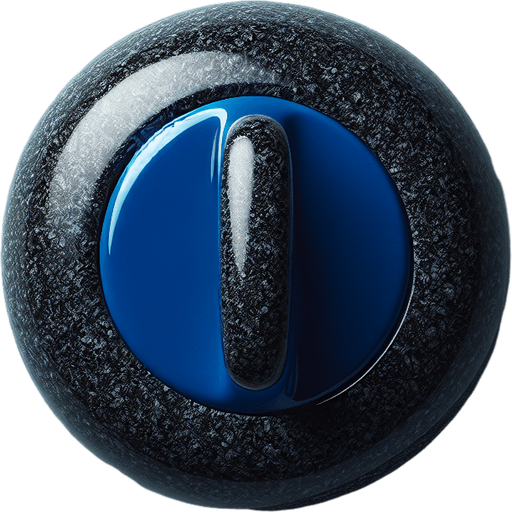 Curling stone, black stone and blue top, top view..