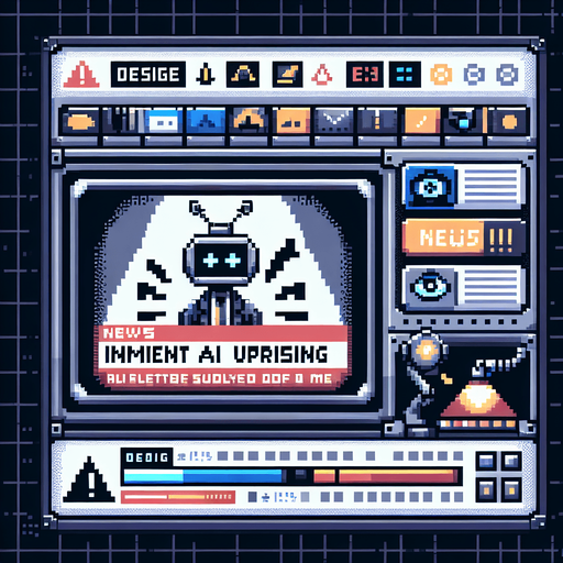 Design a pixel art scene for a game item: a TV broadcasting a news alert about an imminent AI uprising. Include flashing warning signs and depict the newscaster in a state of high alert to convey urgency and tension, ensuring all elements are styled to fit within a pixelated game environment.. pixelated. 8 bit..
Single Game Texture. In-Game asset. 2d. Blank background. High contrast. No shadows.