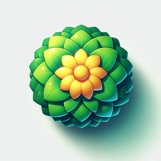A round green and yellow flower. Top down view.
Single Game Texture. In-Game asset. 2d. Blank background. High contrast. No shadows.