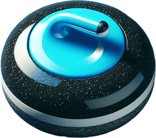 Curling stone, black stone and blue top, top view..