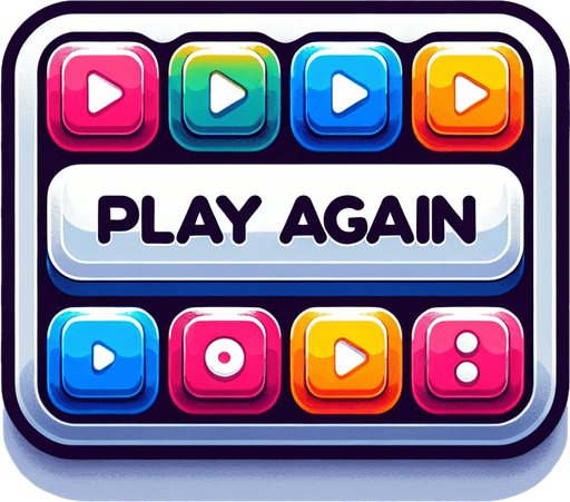 A colorful rectangular button with the text "Play Again" with each letter in a different color picked from a nice palette..
Single Game Texture. In-Game asset. 2d. Blank background. High contrast. No shadows.