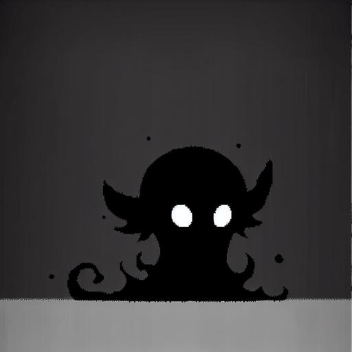 A silhouette of a small, mischievous shadow creature (imp, tendril beast, raven?). Could also be a pair of glowing eyes peering out from darkness..
Single Game Texture.  In-Game asset.  2d.  Blank background.  High contrast.  No shadows