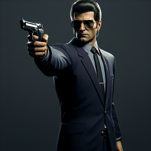 FULL-LENGHT Standing Smith agent from the Matrix, He holds the pistol in front of him to aim. front view.